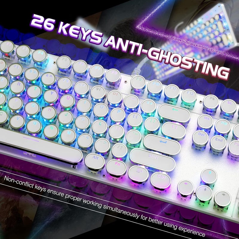 YSCP Typewriter Style Mechanical Gaming Keyboard RGB Backlit Wired with Blue Switch Retro Round Keycap 104 Keys Keyboard (White 104 Keys RGB) - Image 5